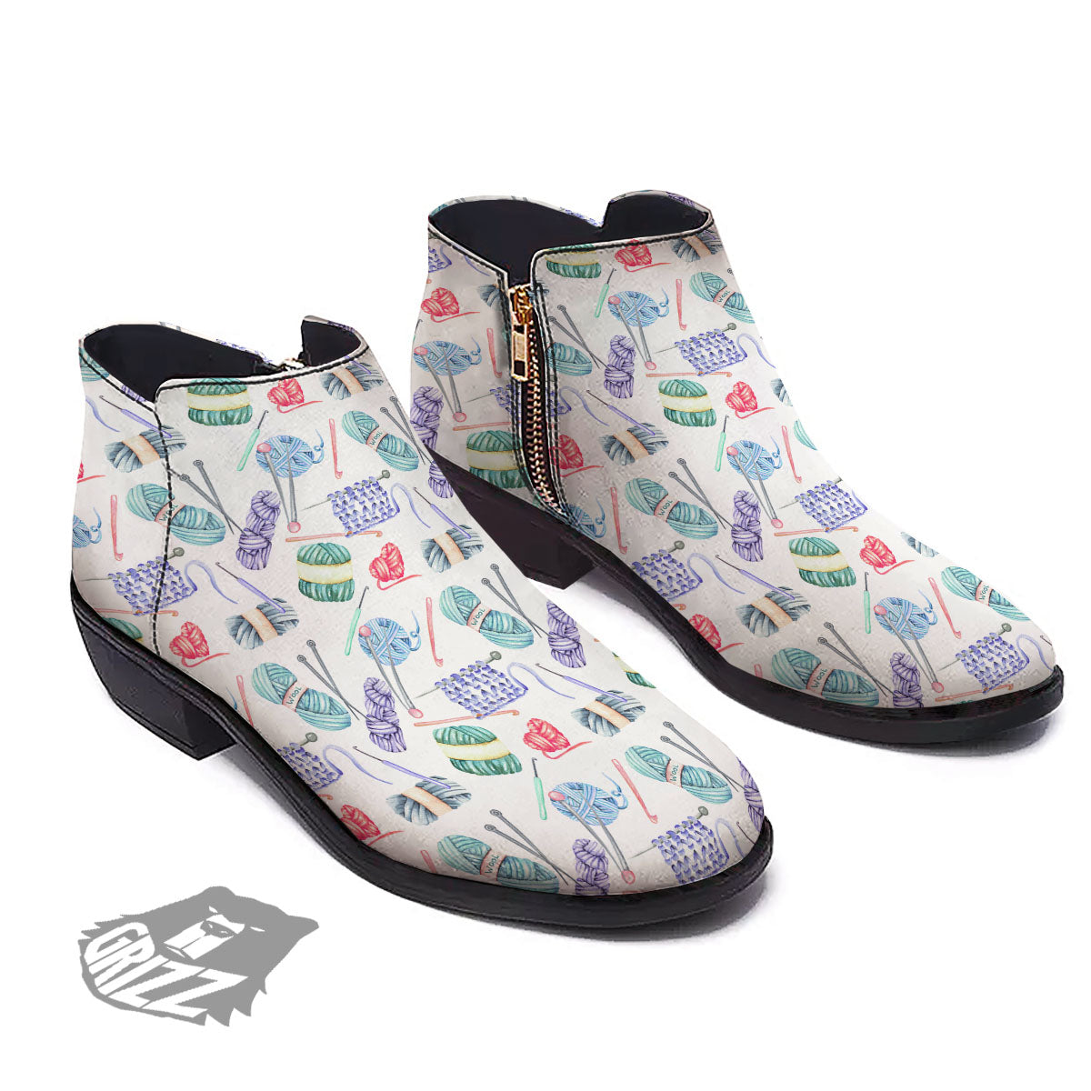 Crochet Yarn Print Pattern Ankle Boots-grizzshop