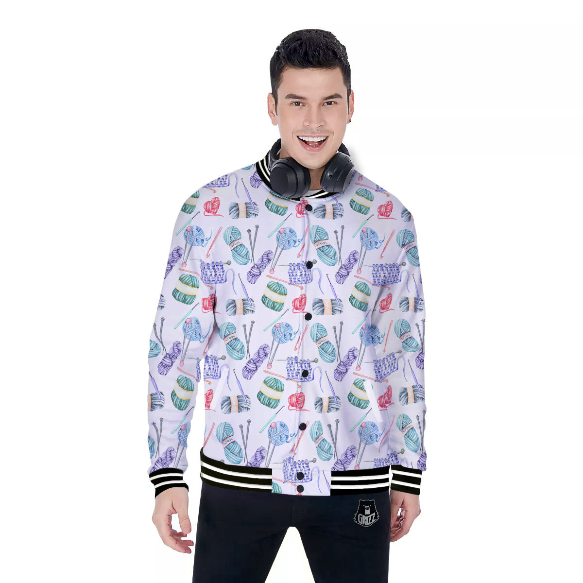 Crochet Yarn Print Pattern Baseball Jacket-grizzshop