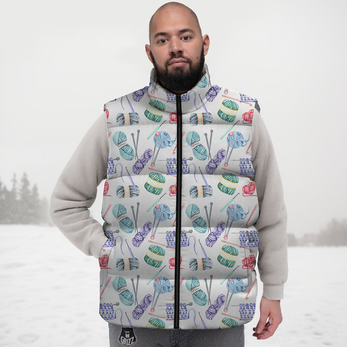 Crochet Yarn Print Pattern Down Vest-grizzshop