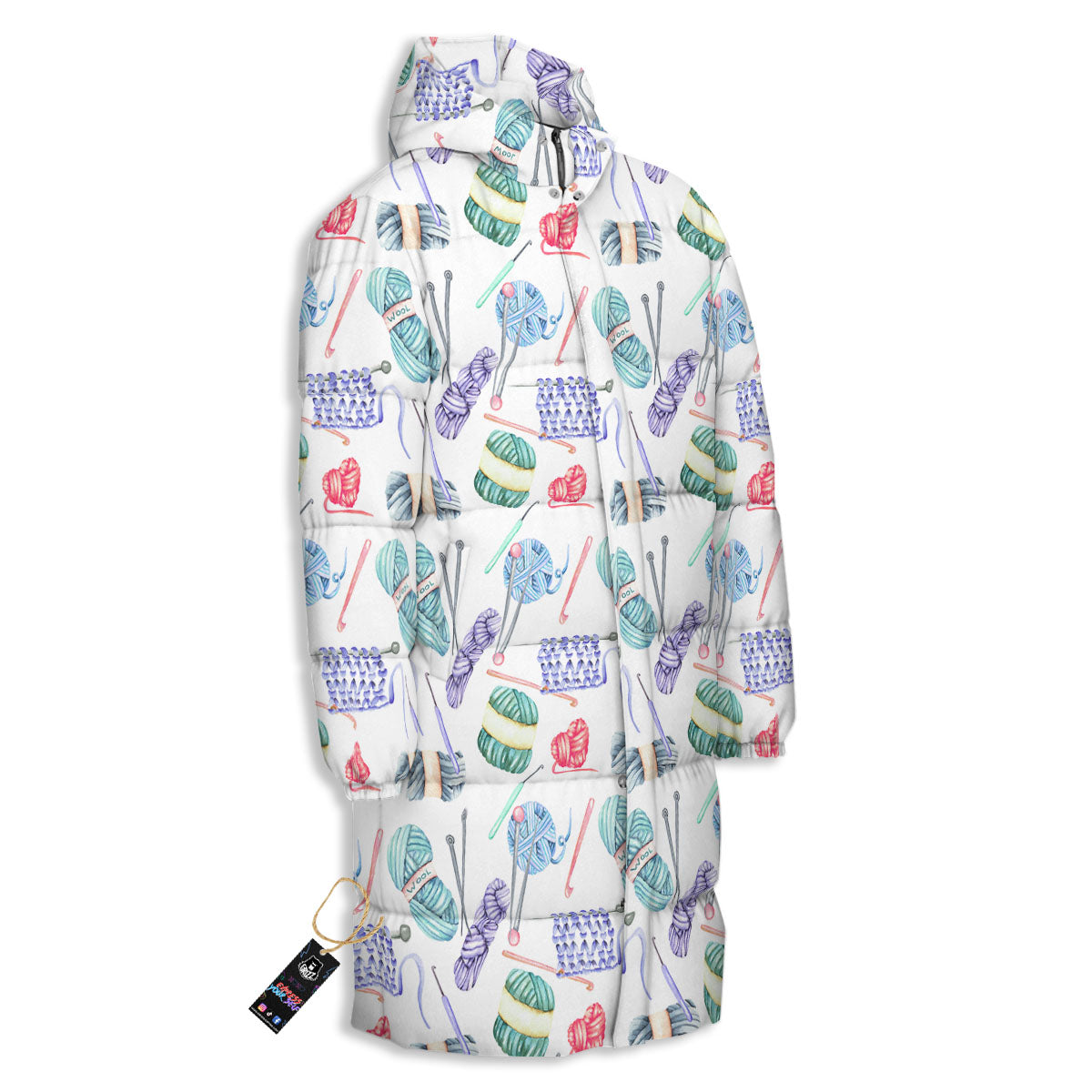 Crochet Yarn Print Pattern Long Down Jacket-grizzshop