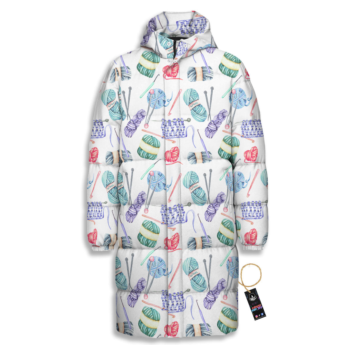 Crochet Yarn Print Pattern Long Down Jacket-grizzshop