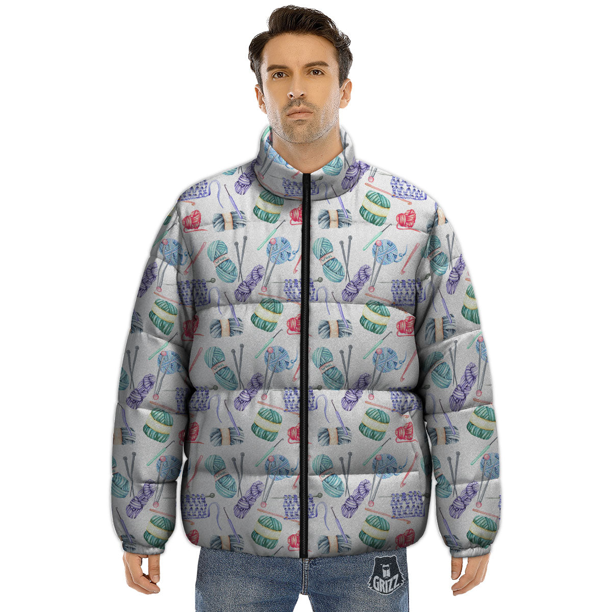 Crochet Yarn Print Pattern Puffer Jacket-grizzshop