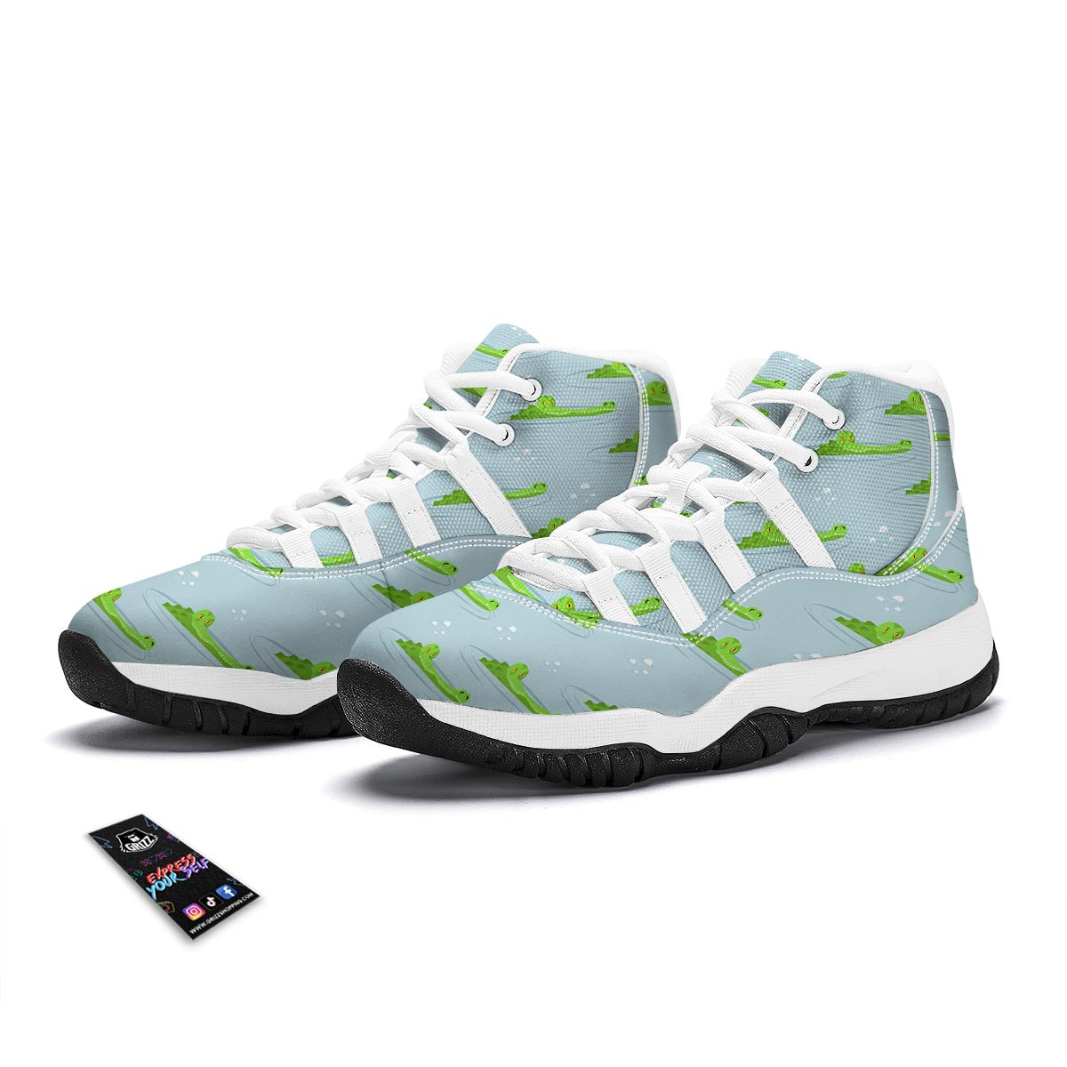 Crocodile Cartoon Print Pattern White Bball Shoes-grizzshop