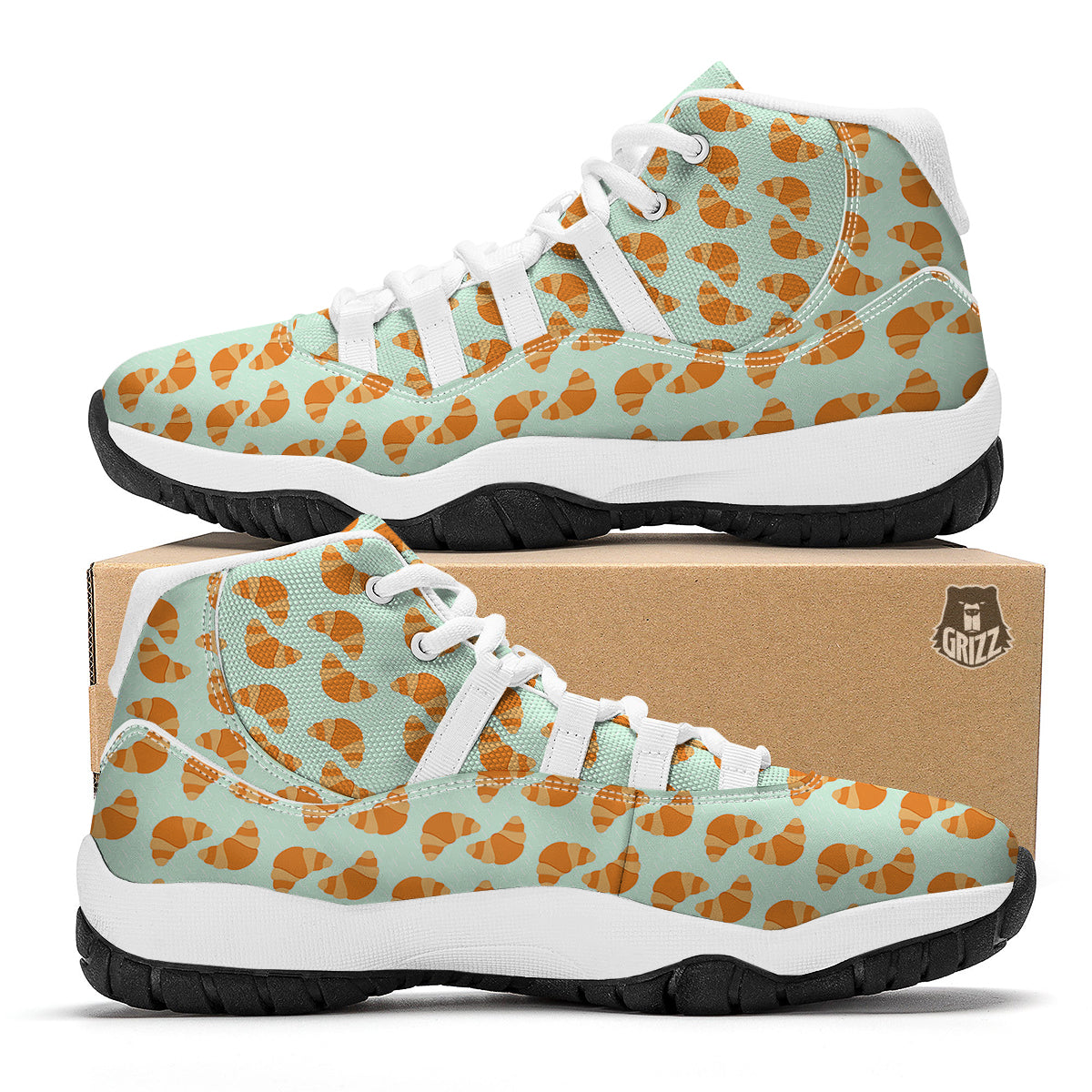 Croissant Brown Print Pattern White Bball Shoes-grizzshop
