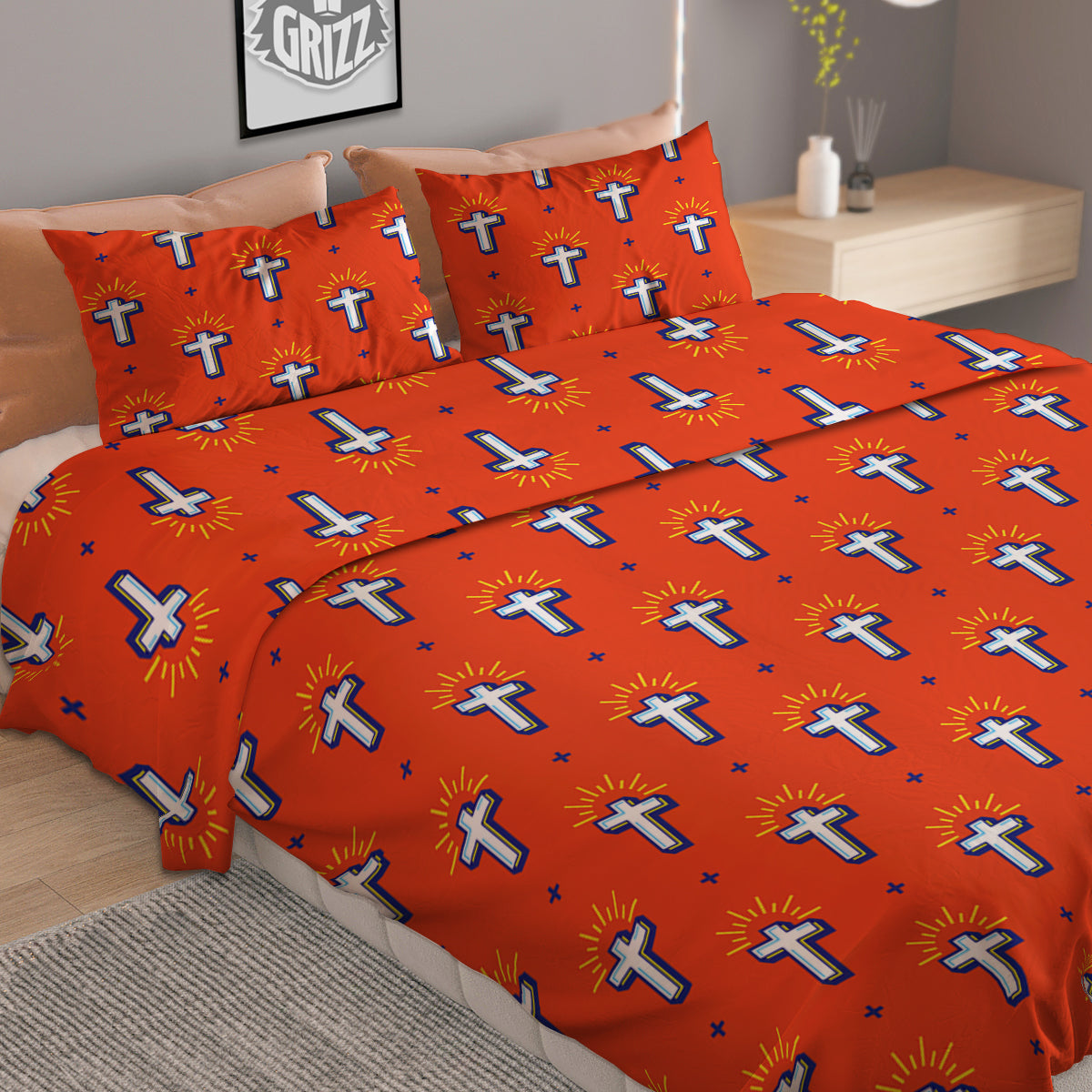 Cross Of Jesus Christ Orange Print Pattern Duvet Cover Bedding Set
