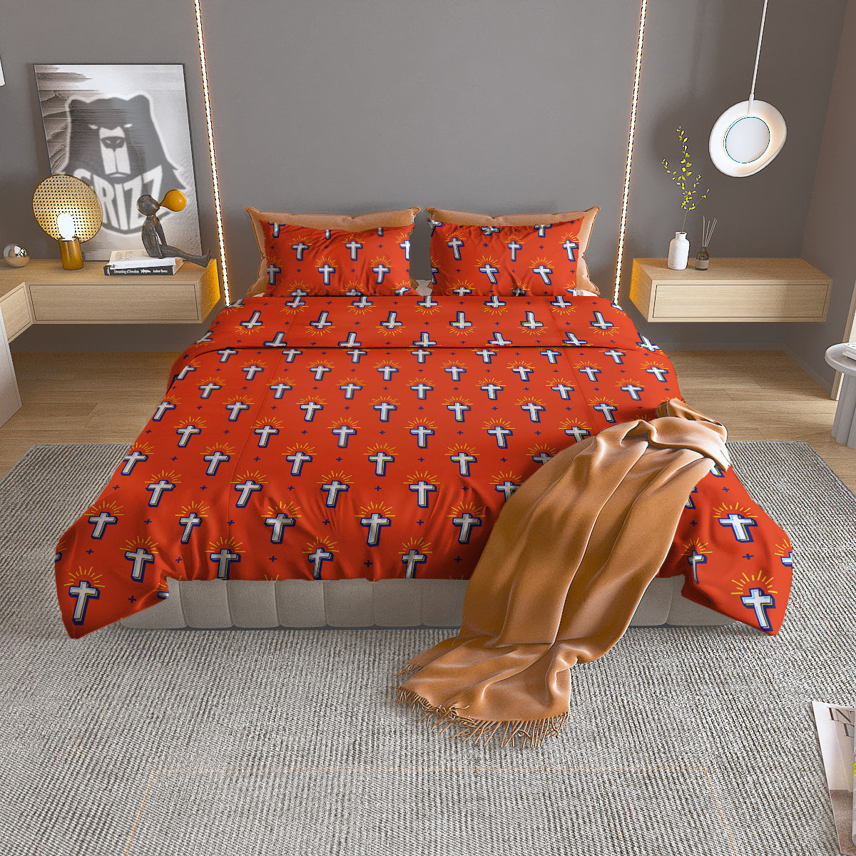 Cross Of Jesus Christ Orange Print Pattern Duvet Cover Bedding Set