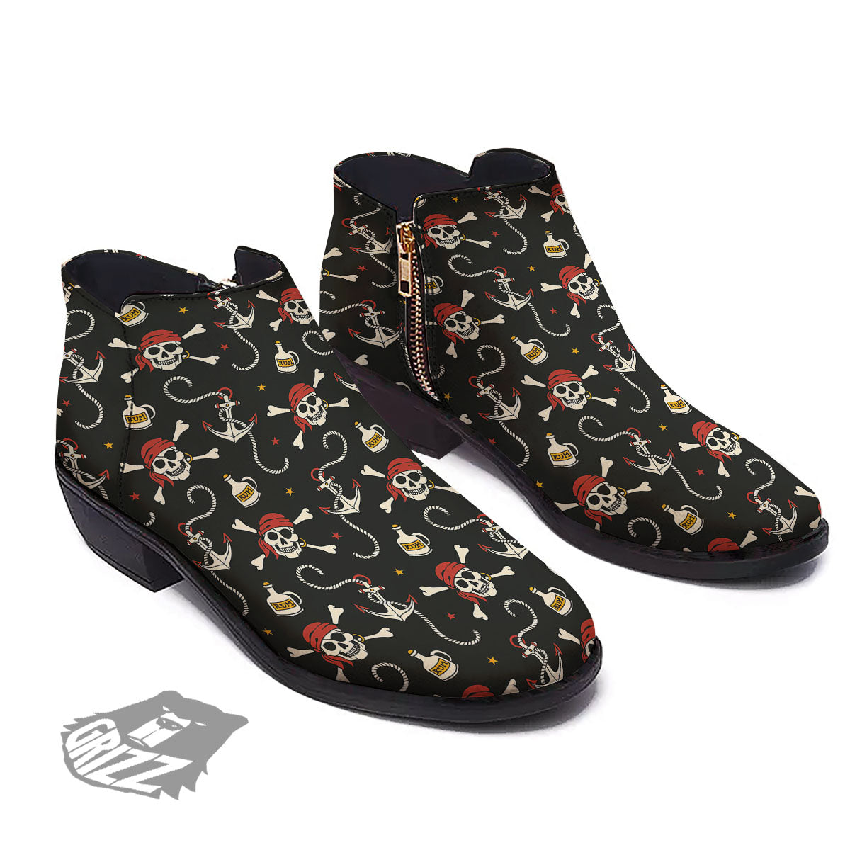 Crossbones Pirate Skull Print Pattern Ankle Boots-grizzshop