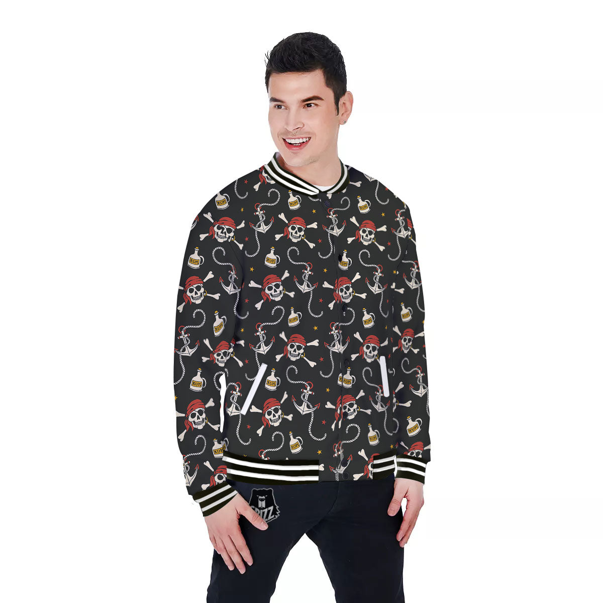 Crossbones Pirate Skull Print Pattern Baseball Jacket-grizzshop