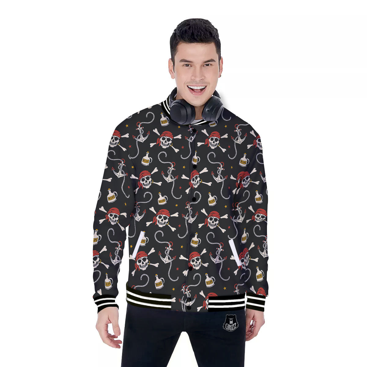 Crossbones Pirate Skull Print Pattern Baseball Jacket-grizzshop