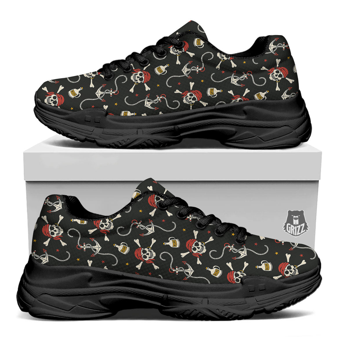 Crossbones Pirate Skull Print Pattern Black Chunky Shoes-grizzshop