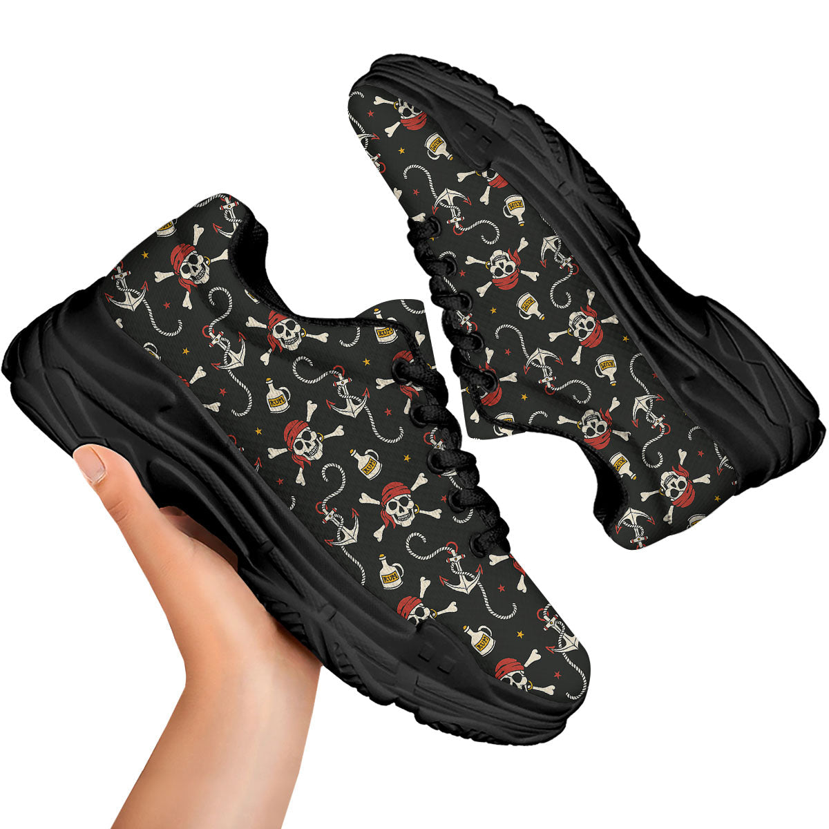Crossbones Pirate Skull Print Pattern Black Chunky Shoes-grizzshop