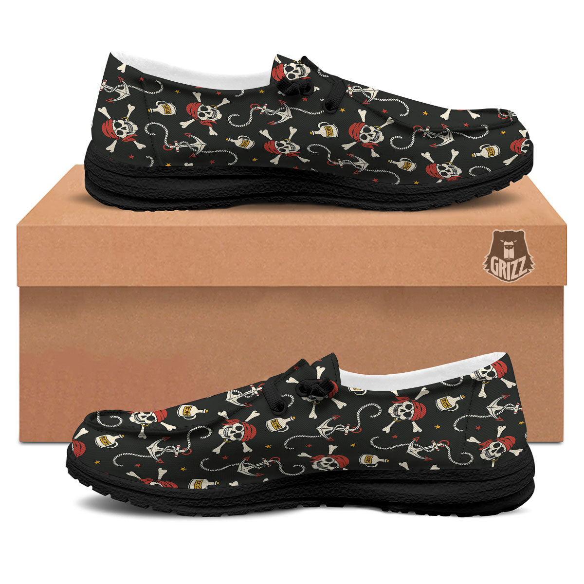 Crossbones Pirate Skull Print Pattern Black Loafers-grizzshop