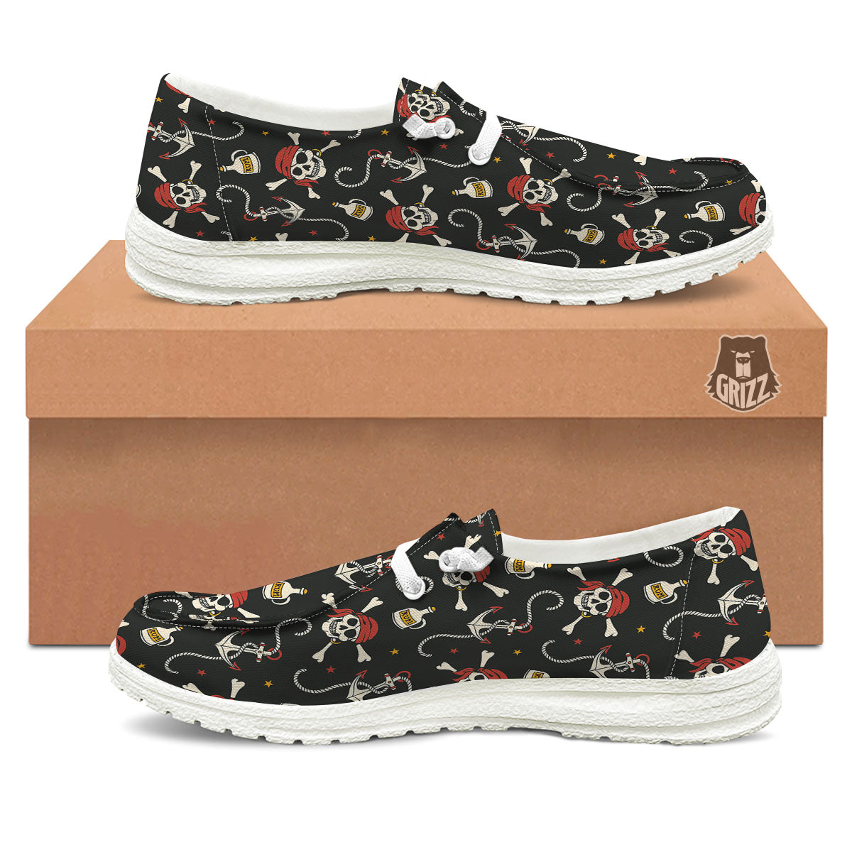 Crossbones Pirate Skull Print Pattern Black Loafers-grizzshop