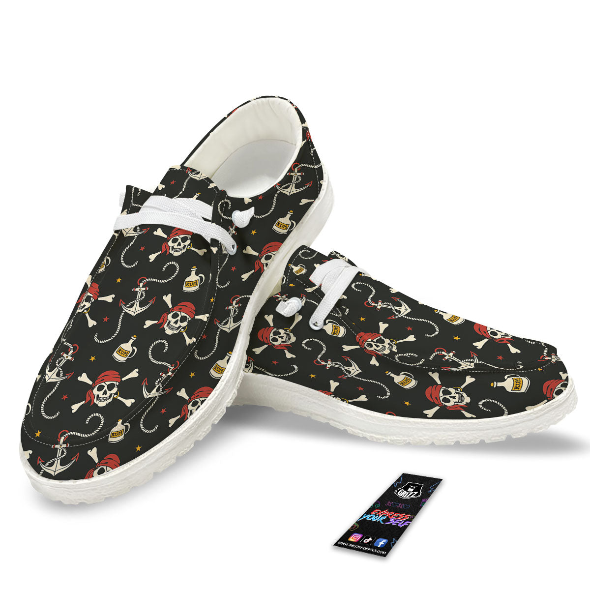 Crossbones Pirate Skull Print Pattern Black Loafers-grizzshop