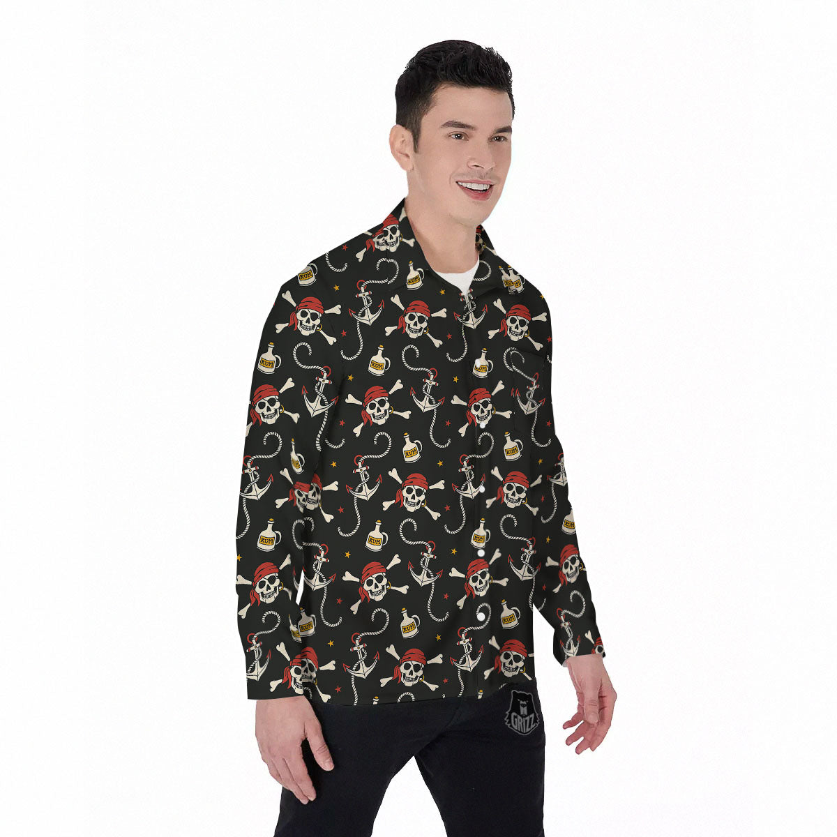 Crossbones Pirate Skull Print Pattern Men's Long Sleeve Shirts-grizzshop