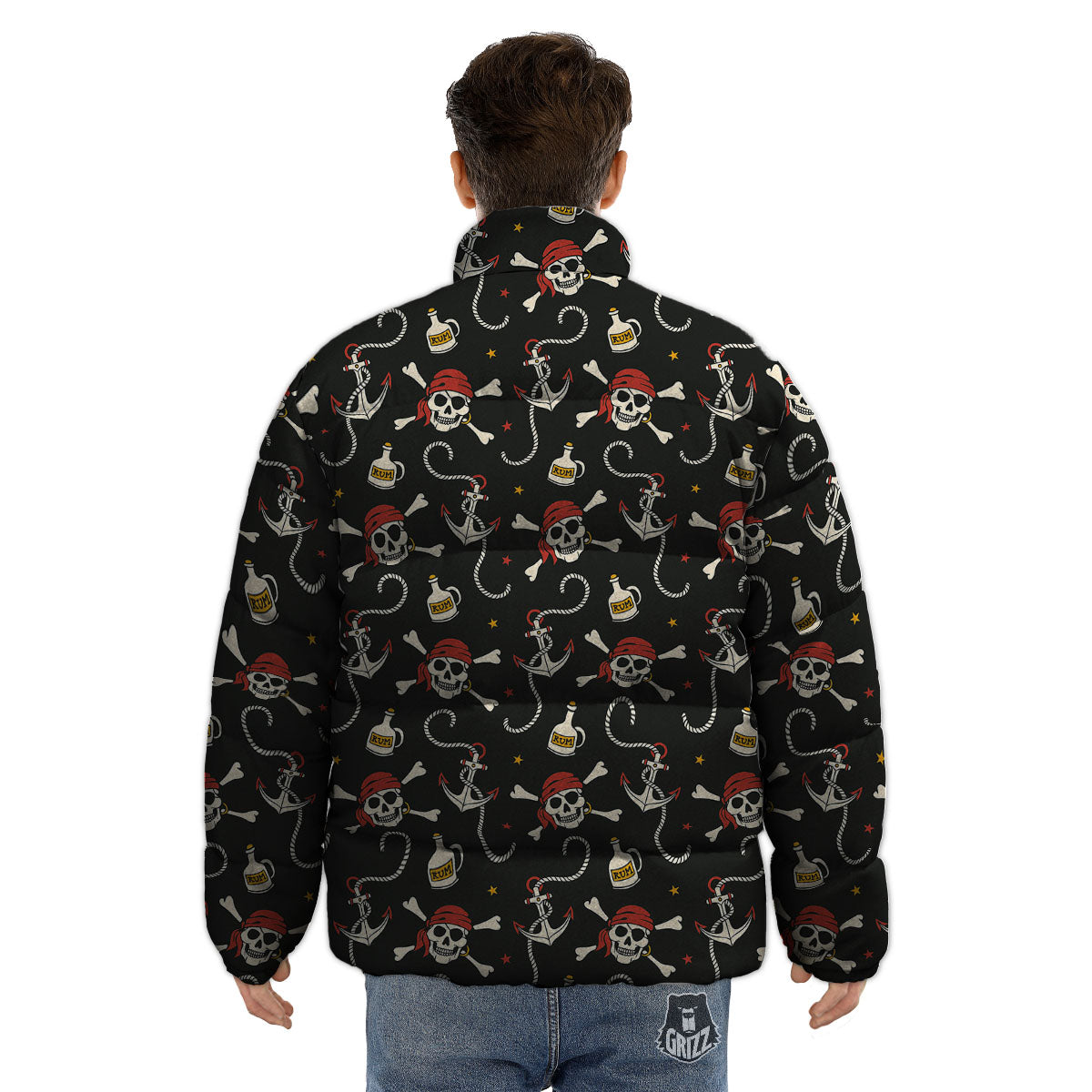 Crossbones Pirate Skull Print Pattern Puffer Jacket-grizzshop
