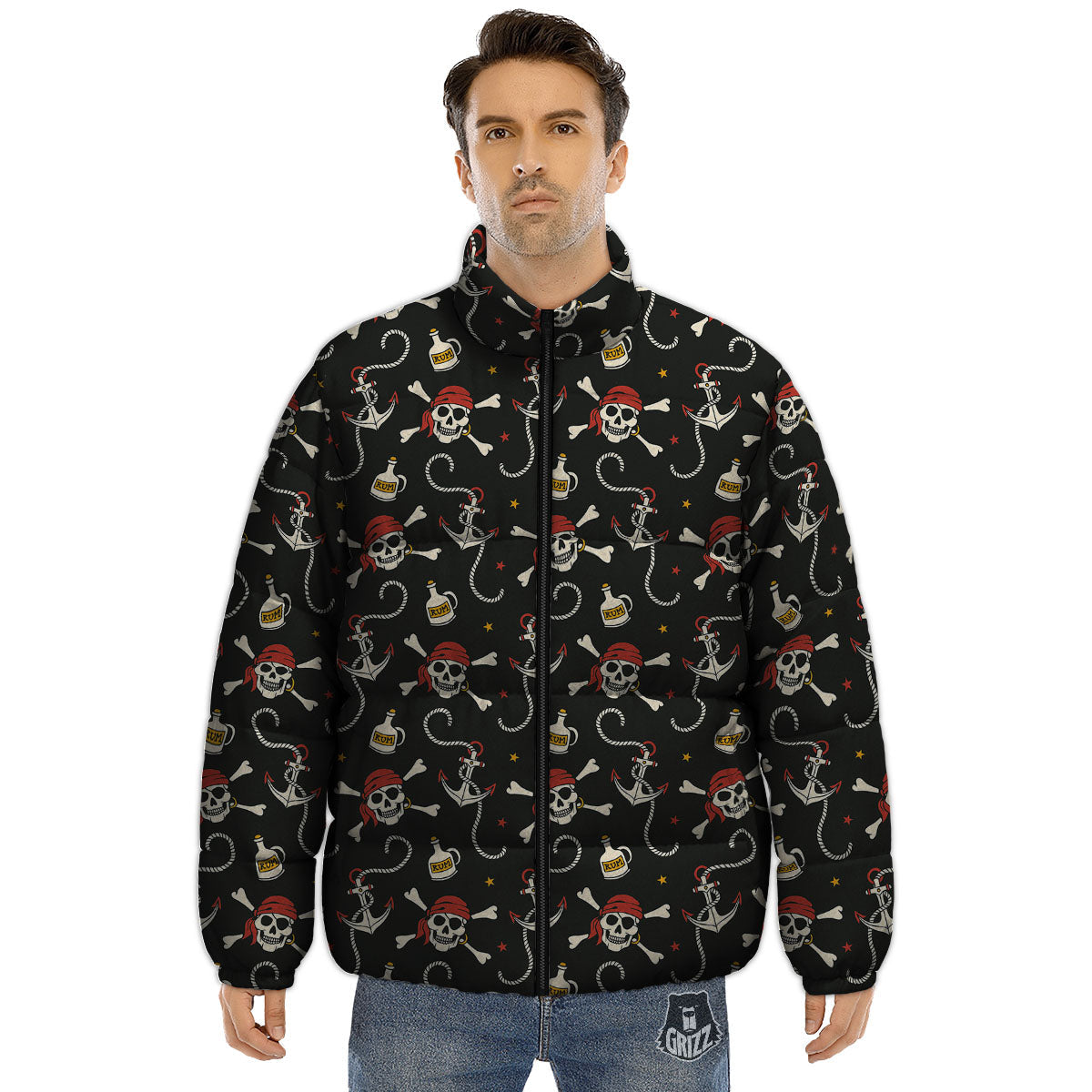 Crossbones Pirate Skull Print Pattern Puffer Jacket-grizzshop