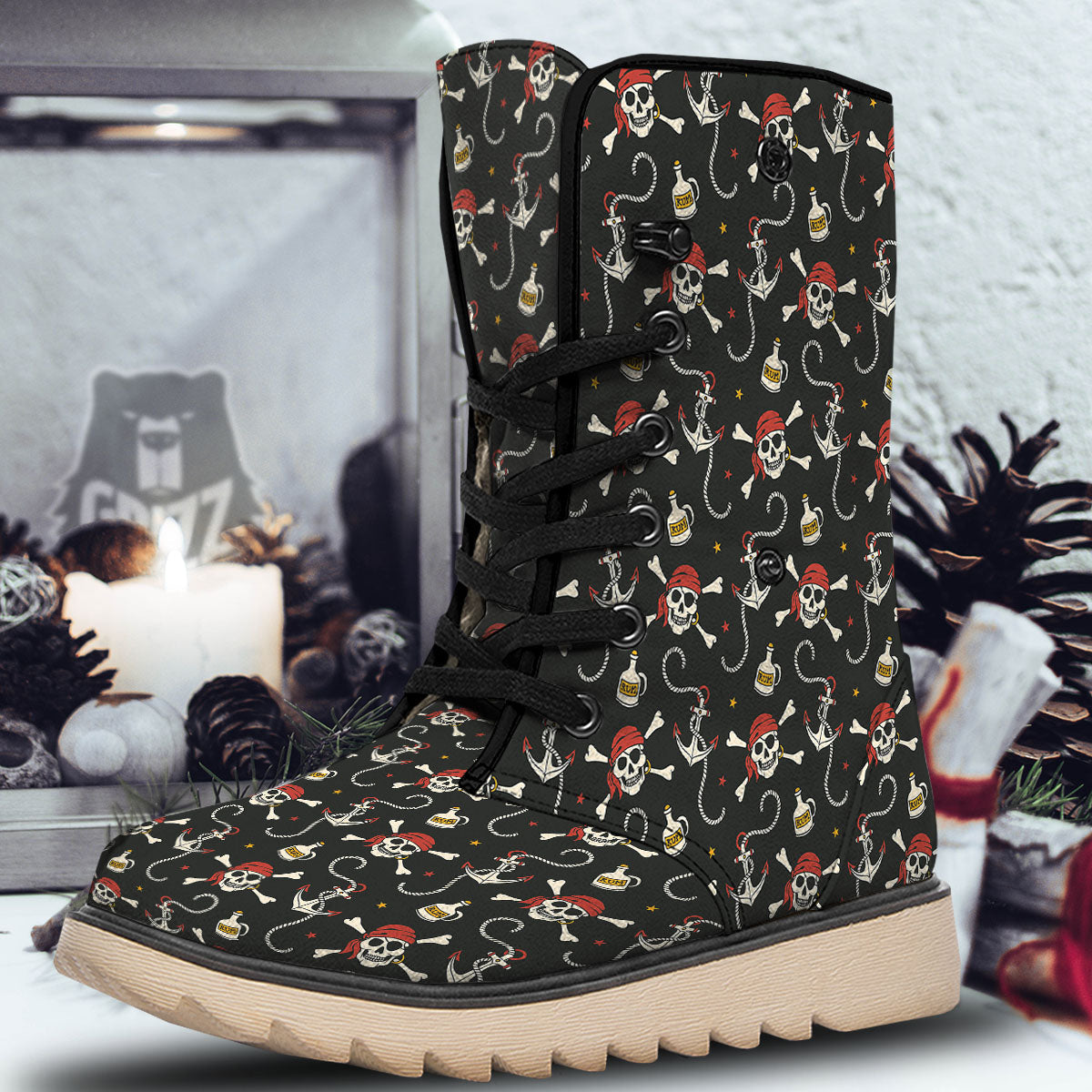 Crossbones Pirate Skull Print Pattern Snow Boots-grizzshop