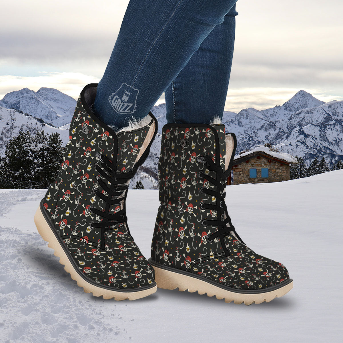 Crossbones Pirate Skull Print Pattern Snow Boots-grizzshop