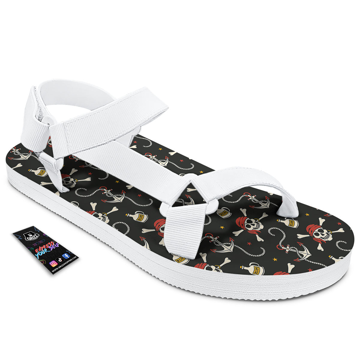 Crossbones Pirate Skull Print Pattern White Open Toe Sandals-grizzshop