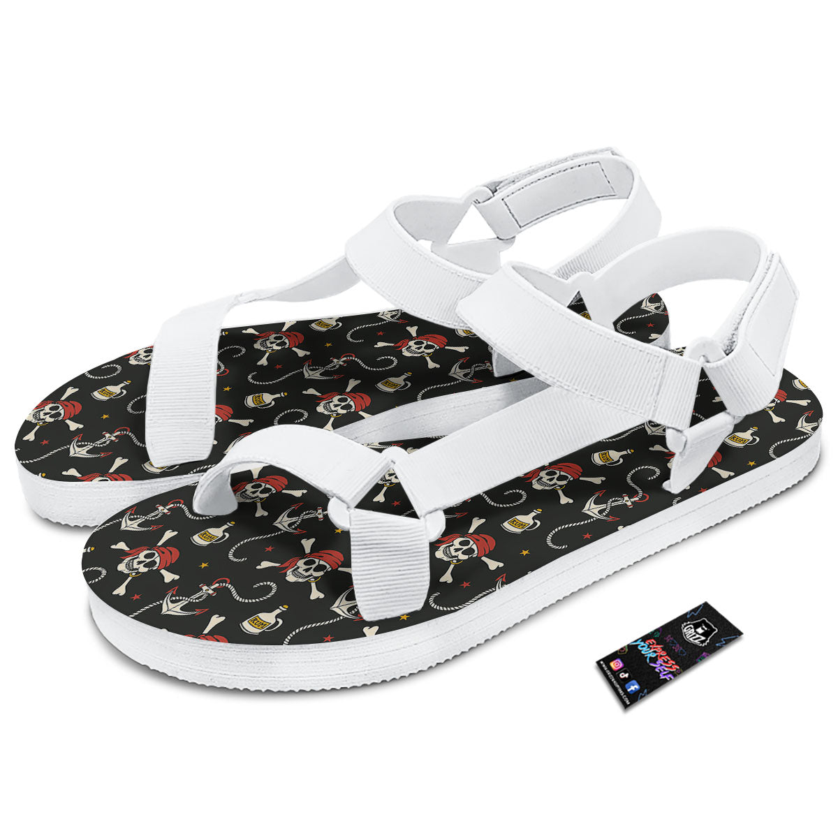 Crossbones Pirate Skull Print Pattern White Open Toe Sandals-grizzshop