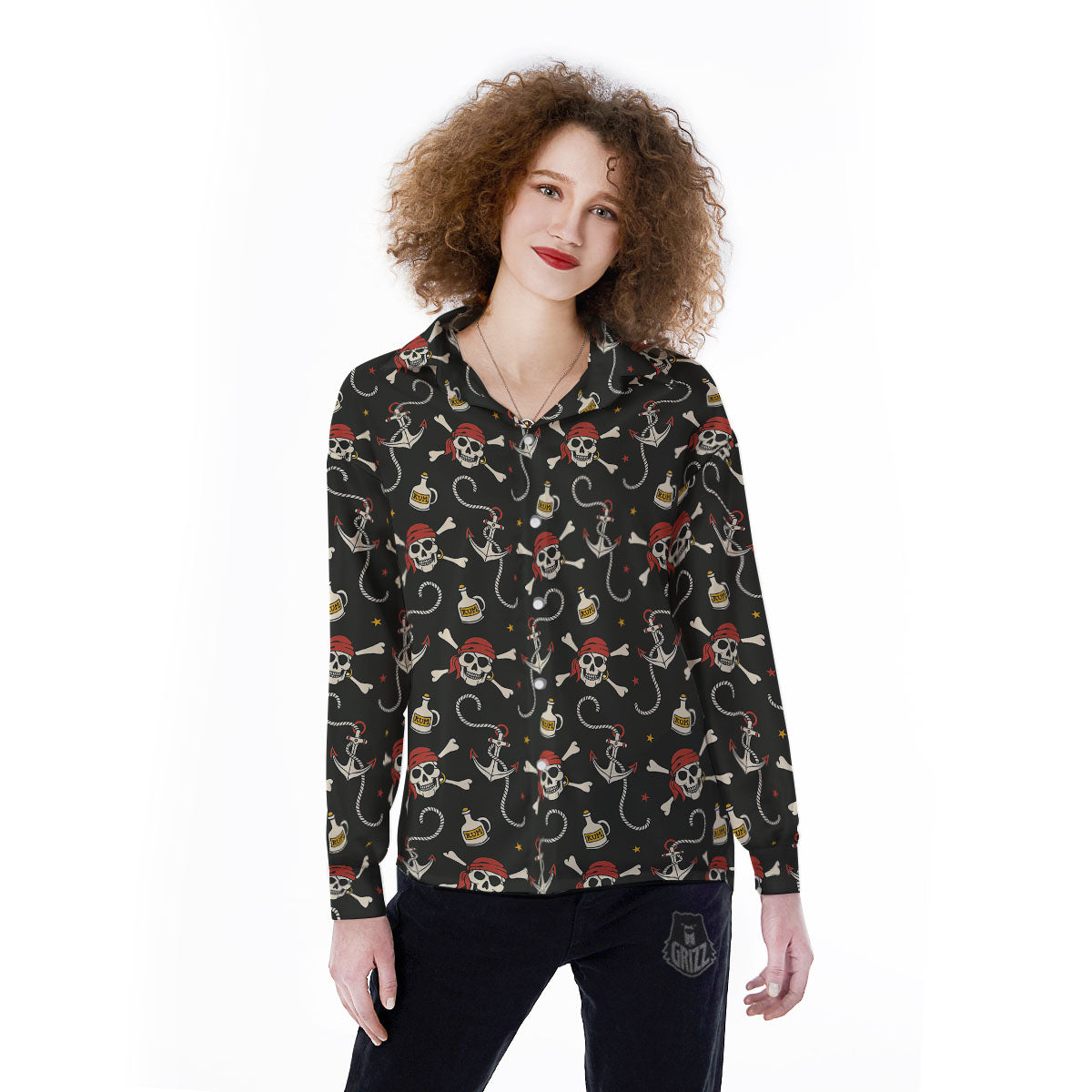 Crossbones Pirate Skull Print Pattern Women's Long Sleeve Shirts-grizzshop