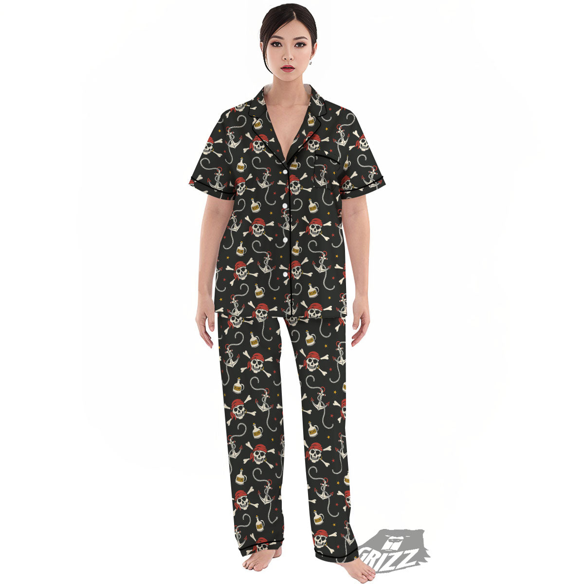 Crossbones Pirate Skull Print Pattern Women's Pajamas Set-grizzshop