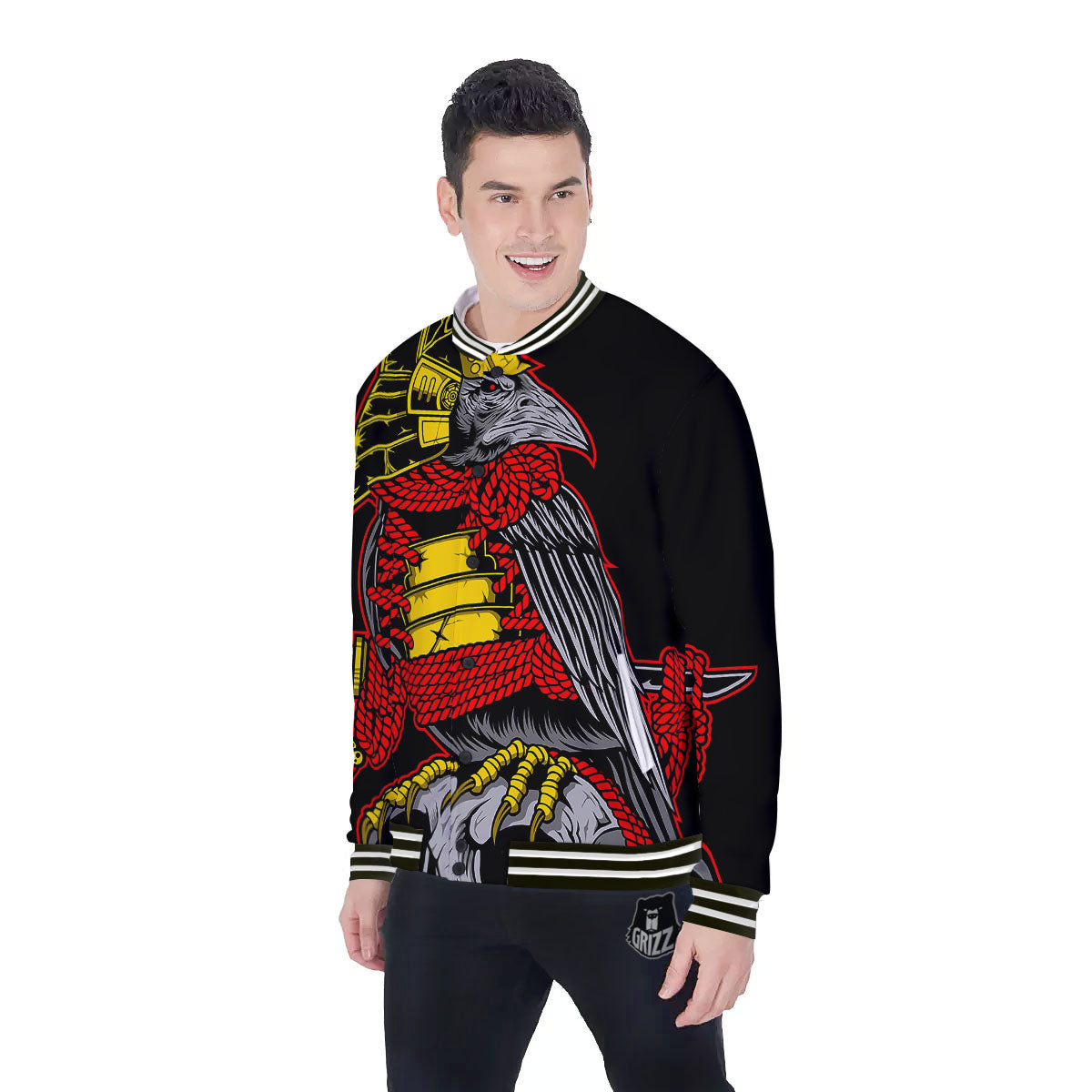 Crow And Samurai Print Baseball Jacket-grizzshop