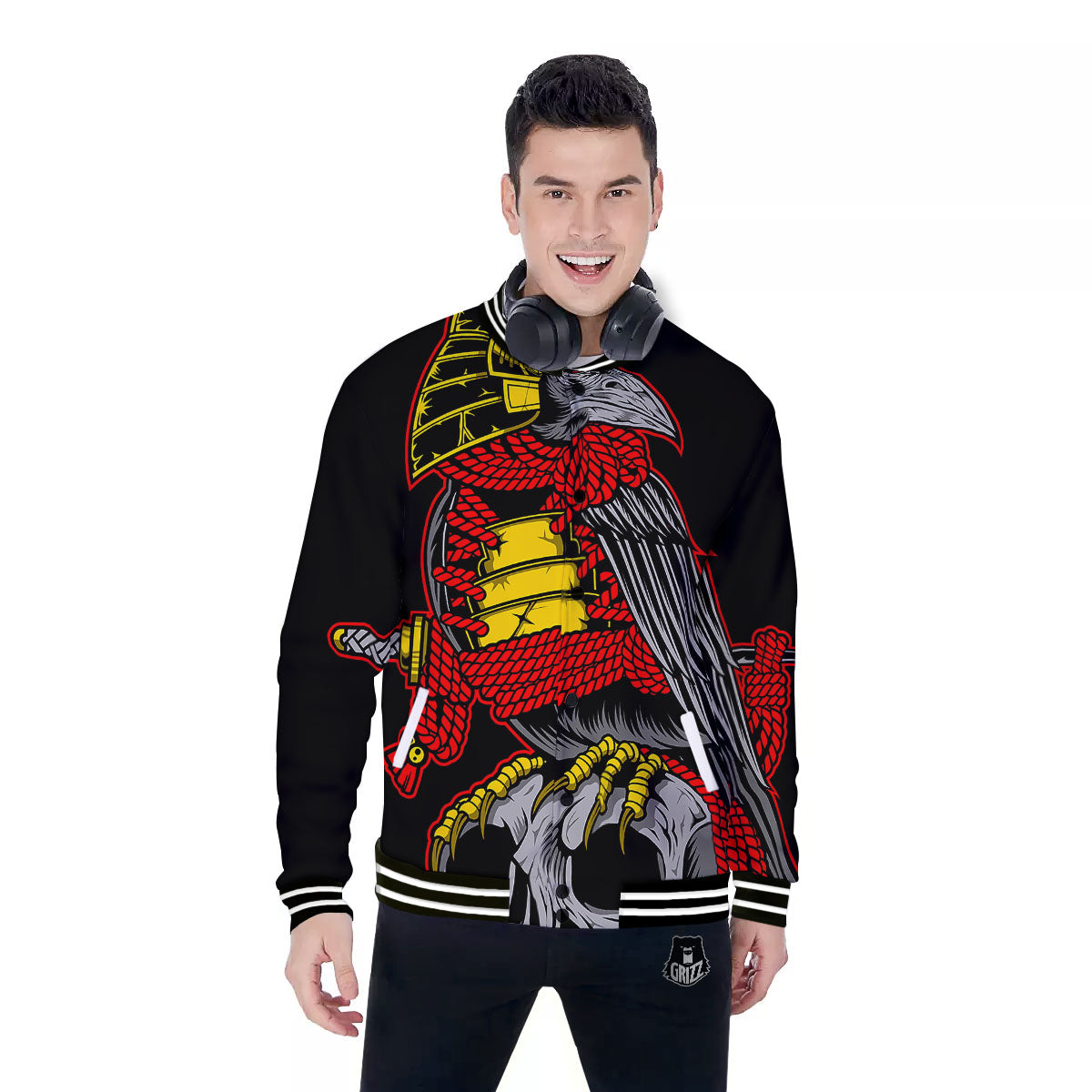 Crow And Samurai Print Baseball Jacket-grizzshop