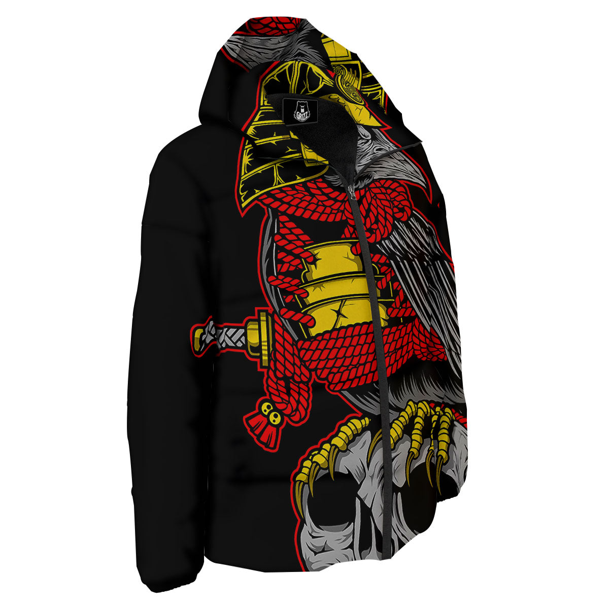 Crow And Samurai Print Down Jacket-grizzshop