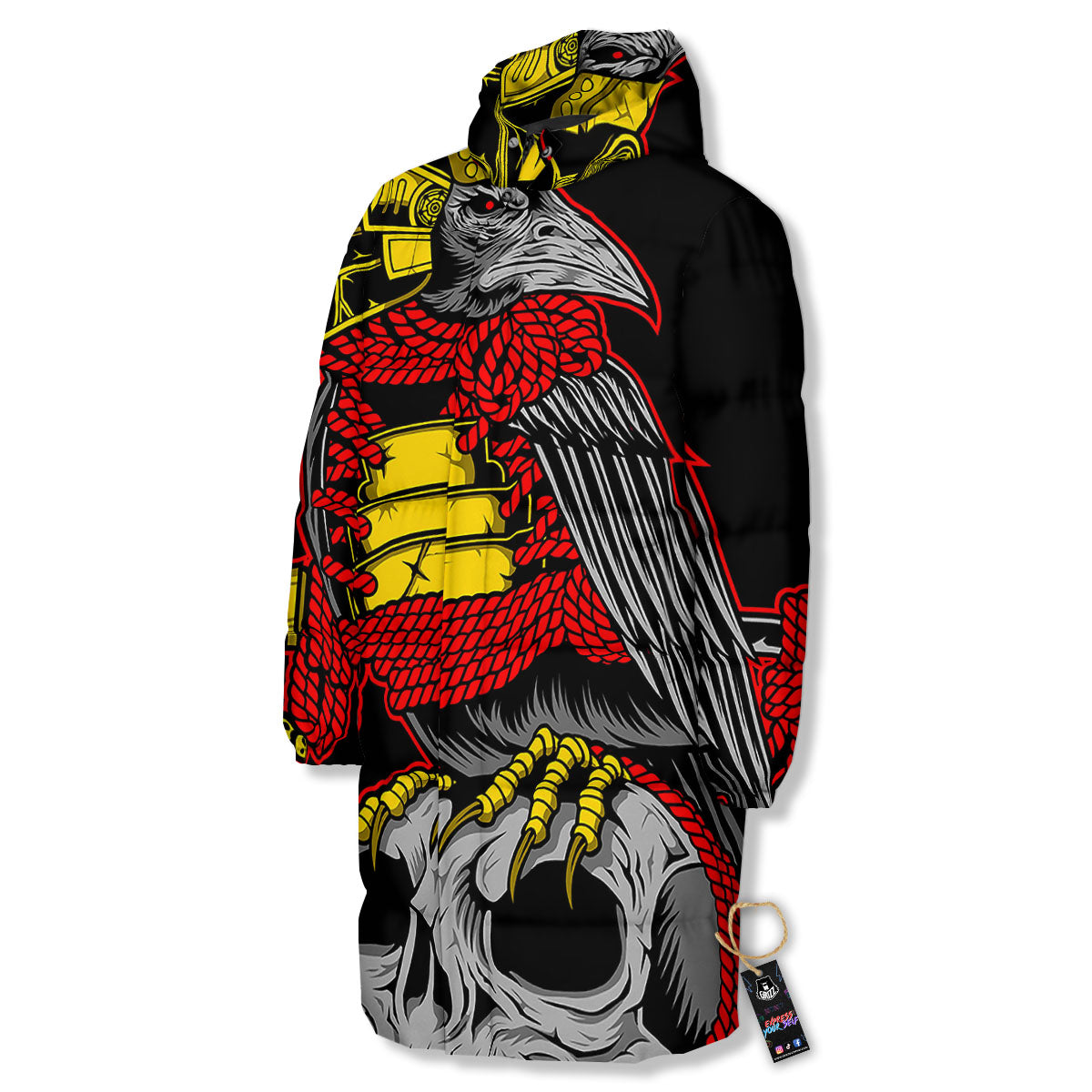 Crow And Samurai Print Long Down Jacket-grizzshop