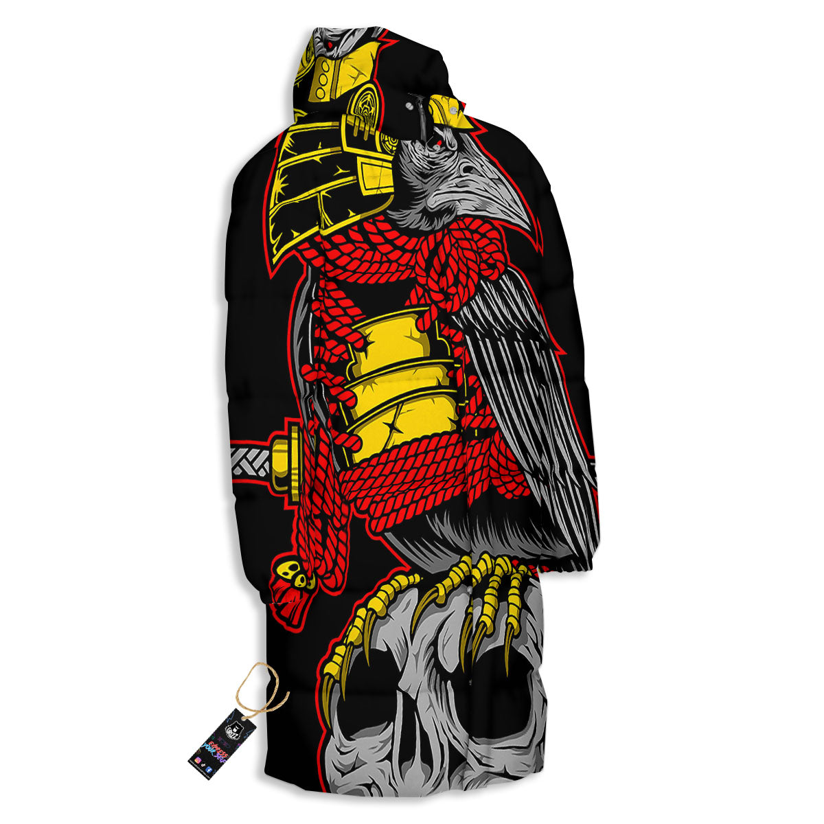 Crow And Samurai Print Long Down Jacket-grizzshop
