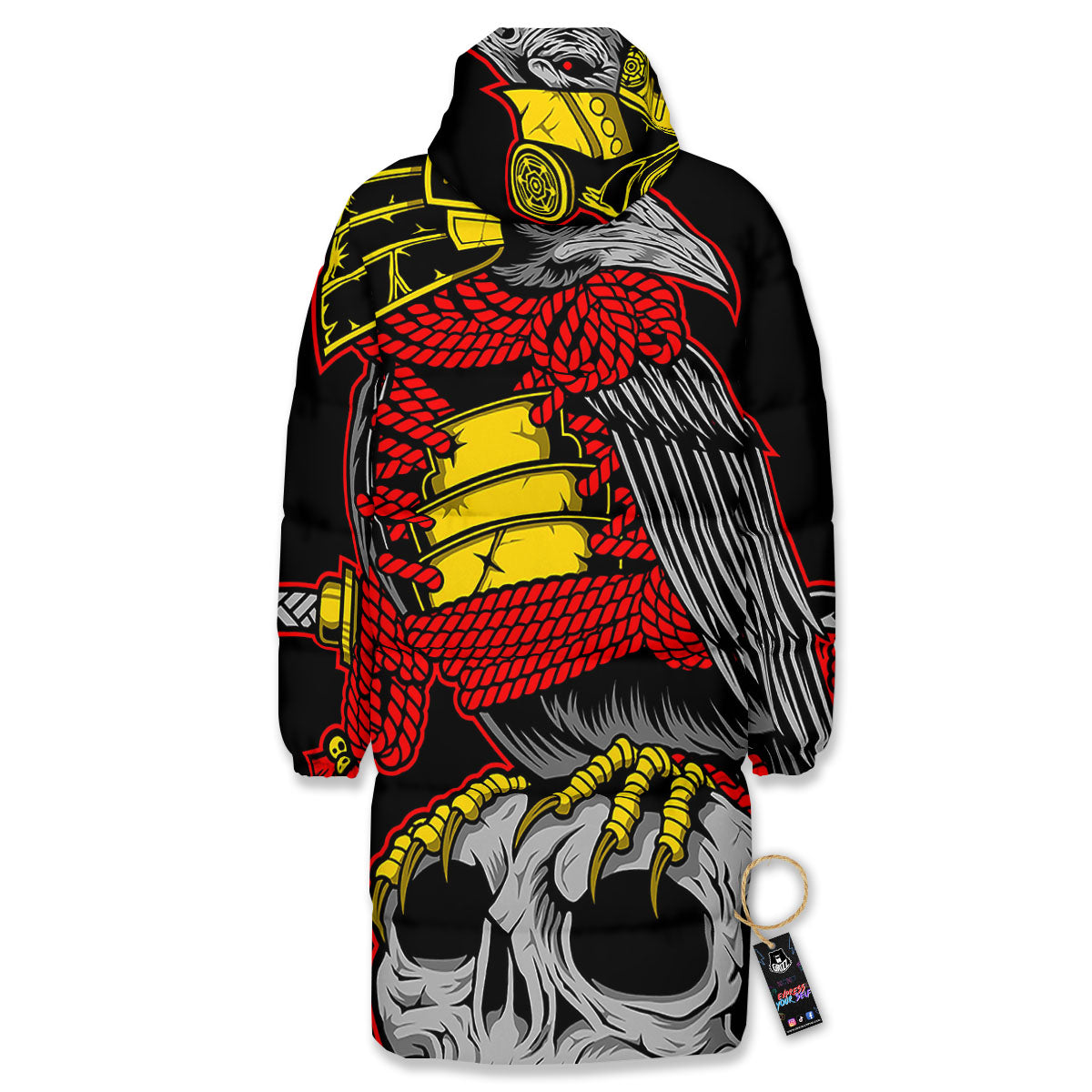 Crow And Samurai Print Long Down Jacket-grizzshop