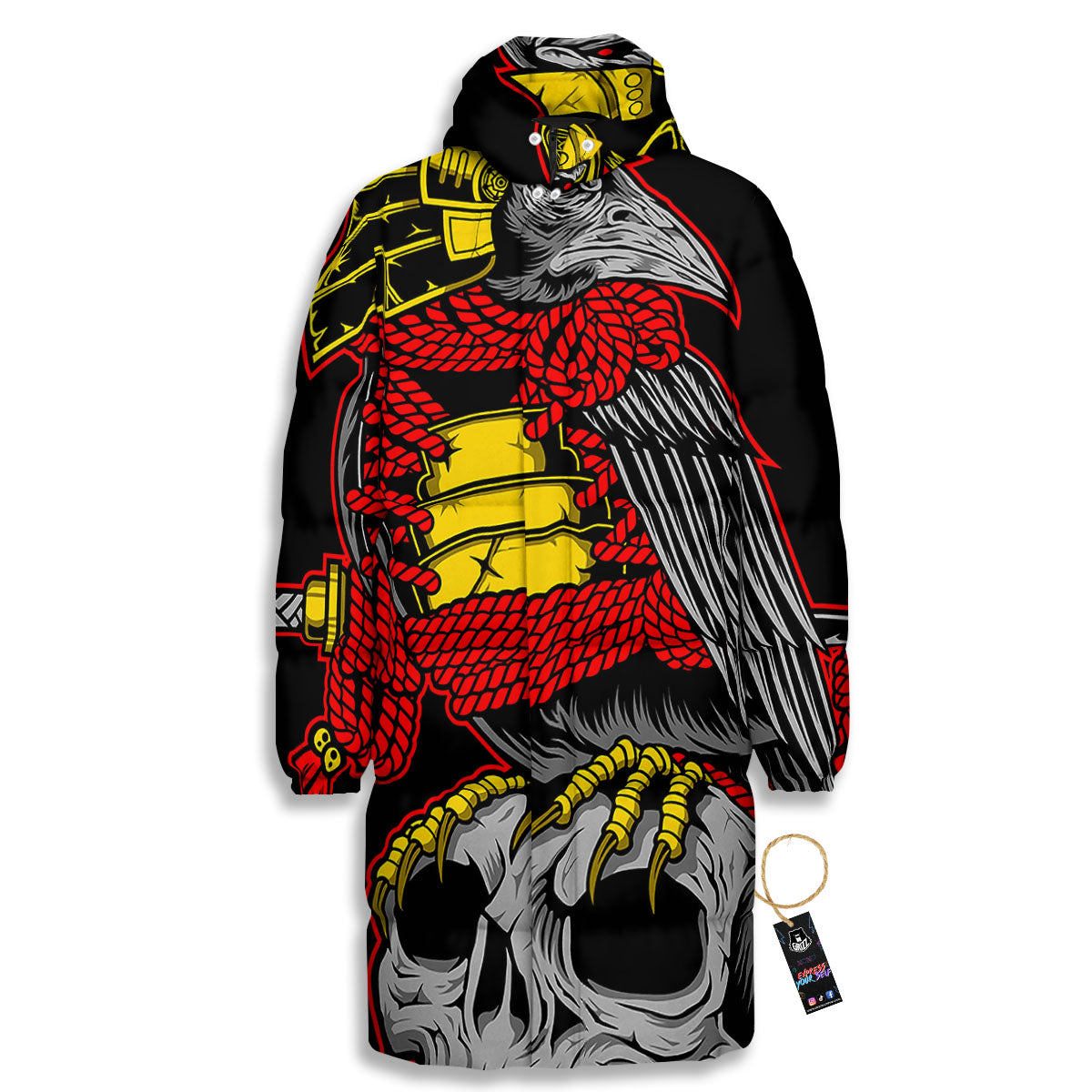 Crow And Samurai Print Long Down Jacket-grizzshop