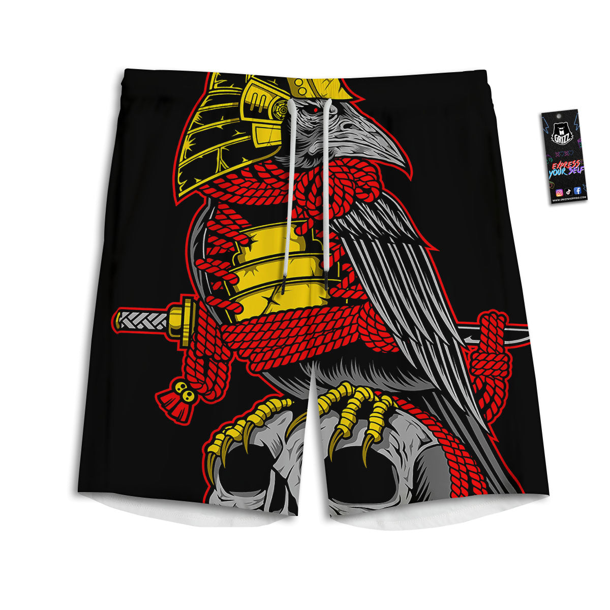 Crow And Samurai Print Men's Athletic Shorts
