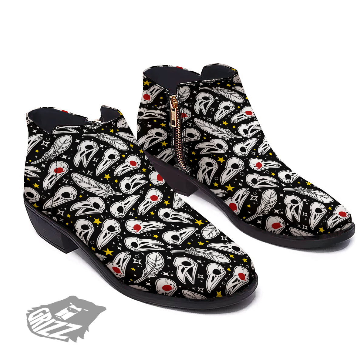 Crow Skull And Feathers Print Pattern Ankle Boots-grizzshop