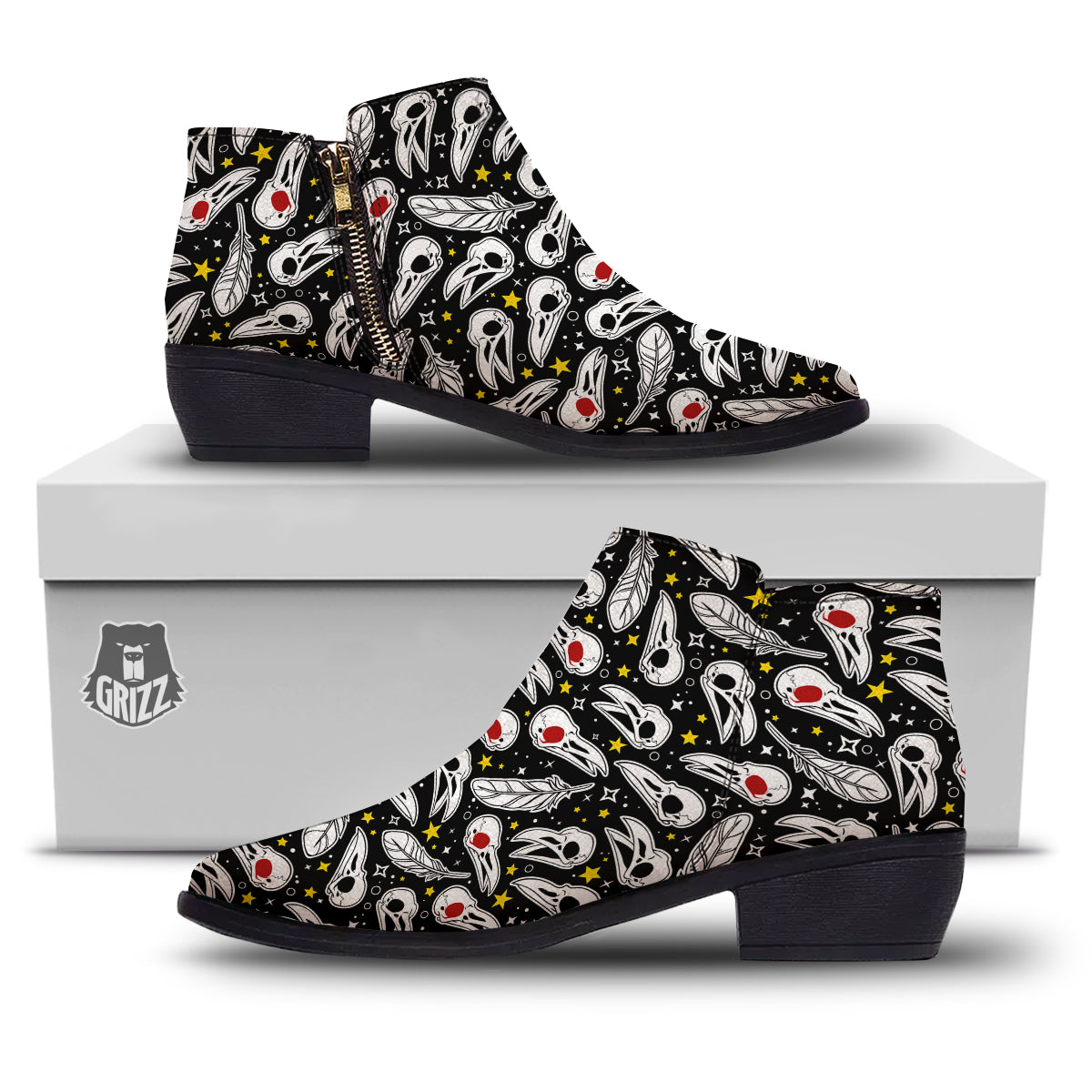 Crow Skull And Feathers Print Pattern Ankle Boots-grizzshop