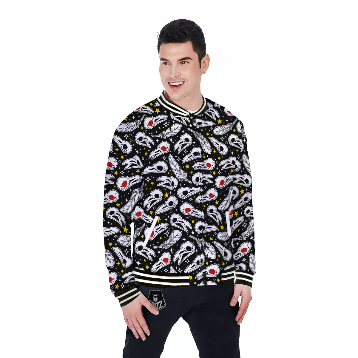 Crow Skull And Feathers Print Pattern Baseball Jacket-grizzshop