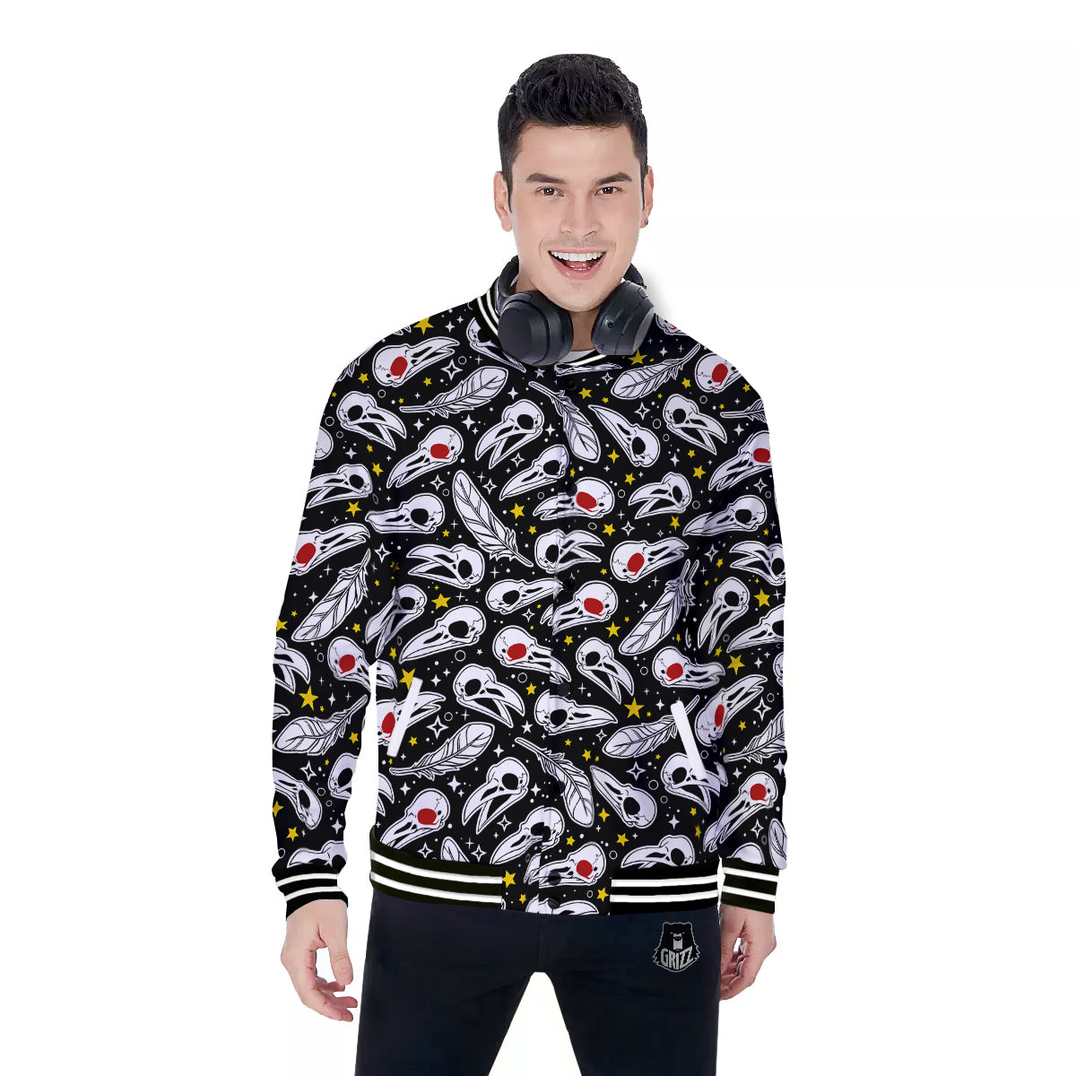 Crow Skull And Feathers Print Pattern Baseball Jacket-grizzshop