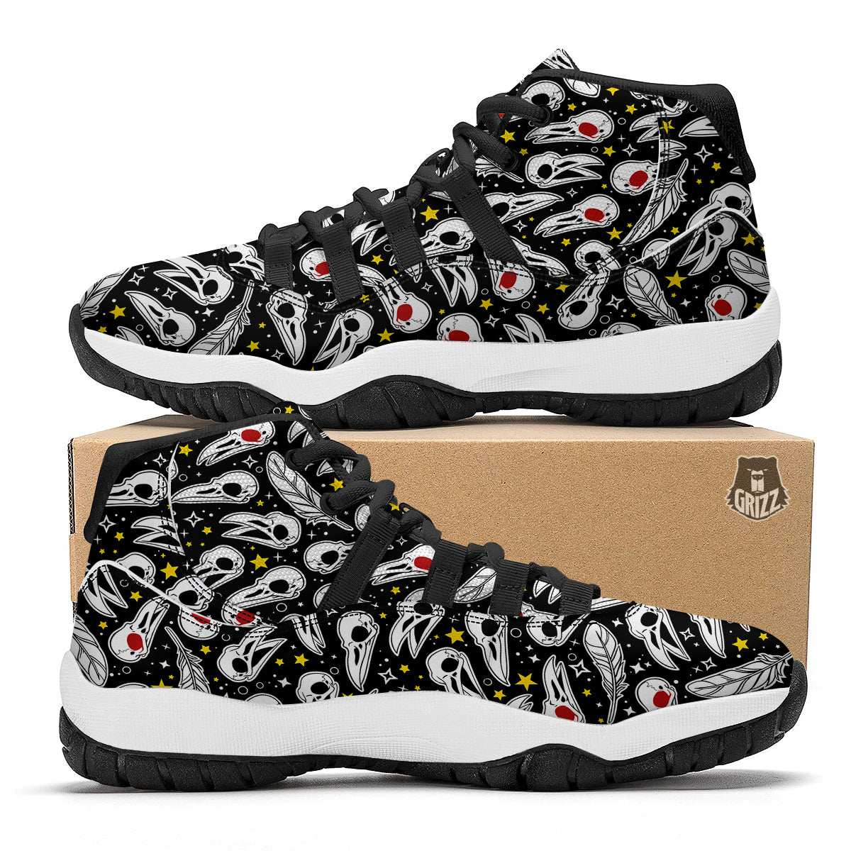 Crow Skull And Feathers Print Pattern Black Bball Shoes-grizzshop