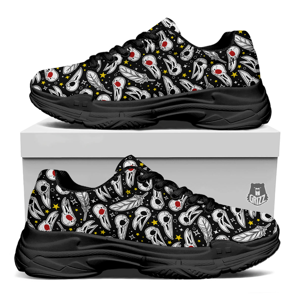 Crow Skull And Feathers Print Pattern Black Chunky Shoes-grizzshop
