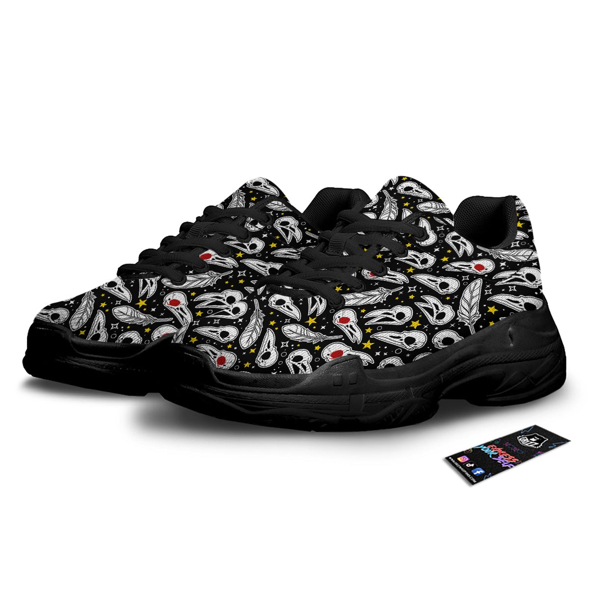 Crow Skull And Feathers Print Pattern Black Chunky Shoes-grizzshop