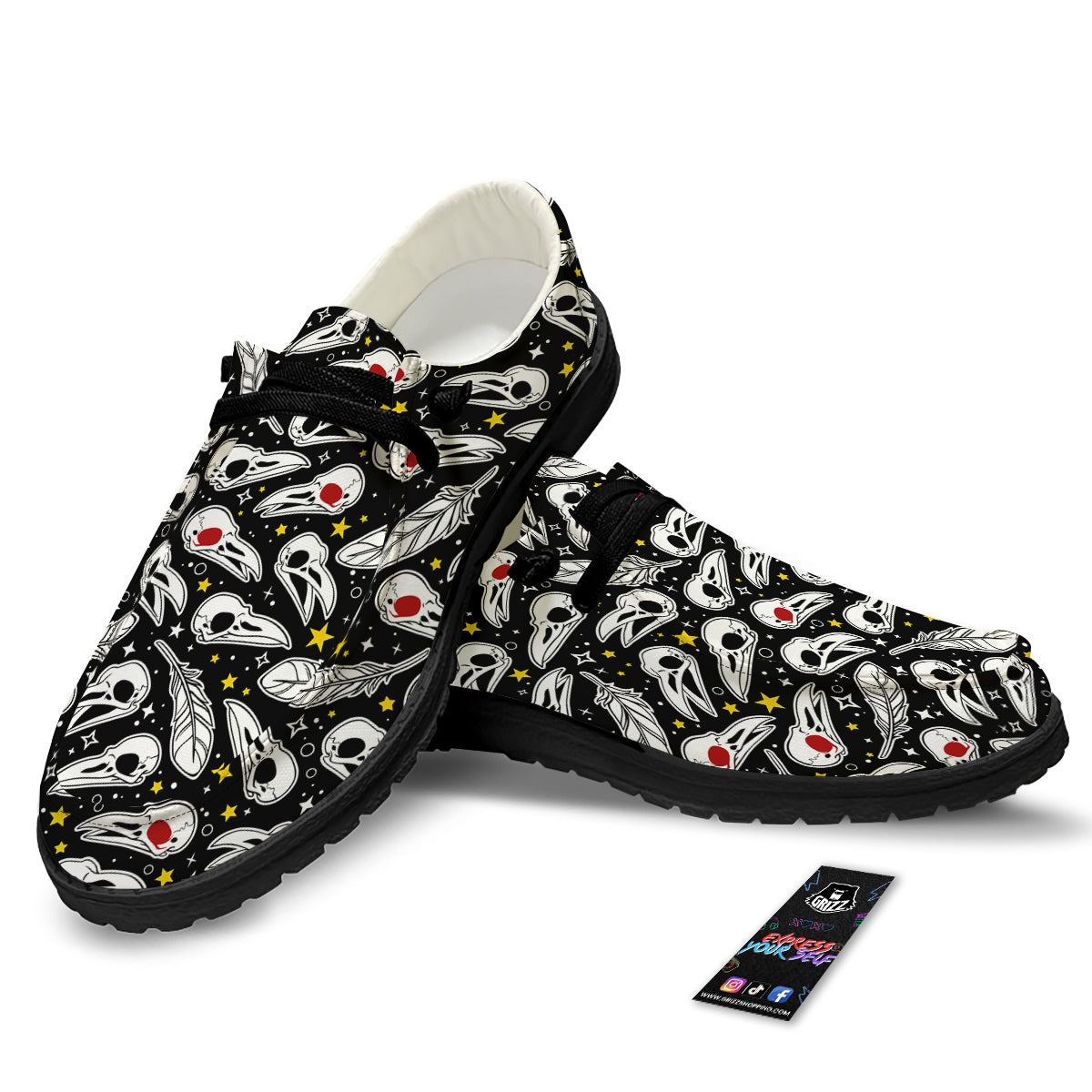 Crow Skull And Feathers Print Pattern Black Loafers-grizzshop