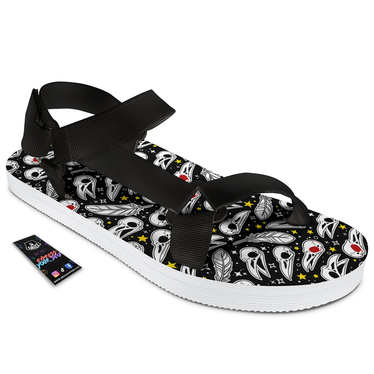 Crow Skull And Feathers Print Pattern Black Open Toe Sandals-grizzshop