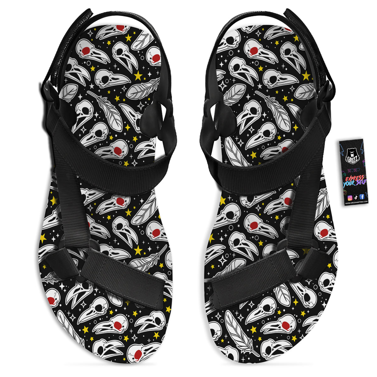 Crow Skull And Feathers Print Pattern Black Open Toe Sandals-grizzshop