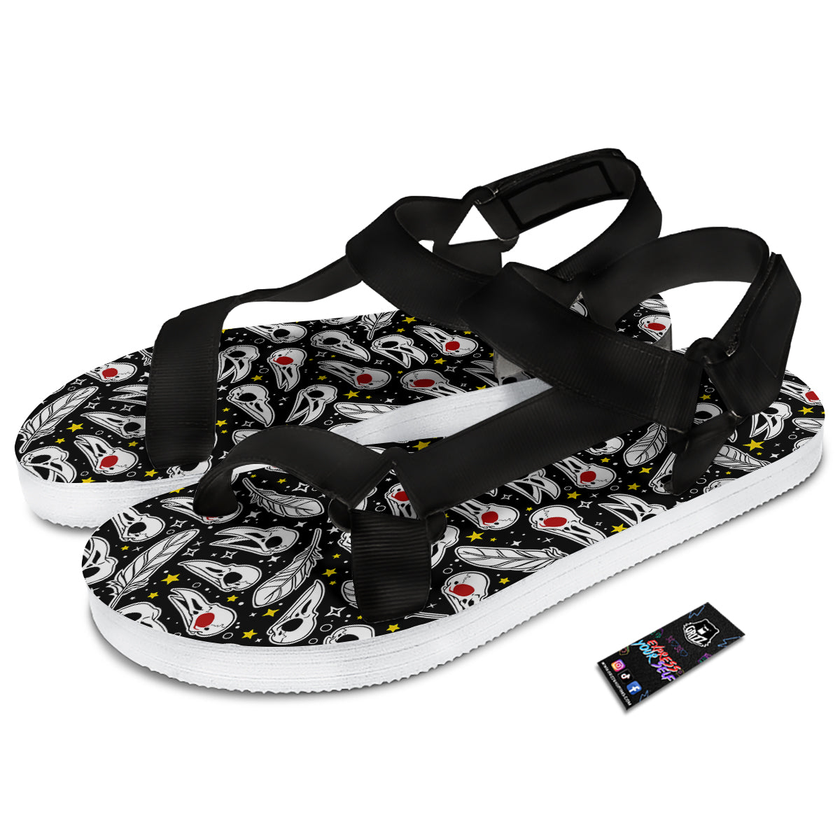 Crow Skull And Feathers Print Pattern Black Open Toe Sandals-grizzshop