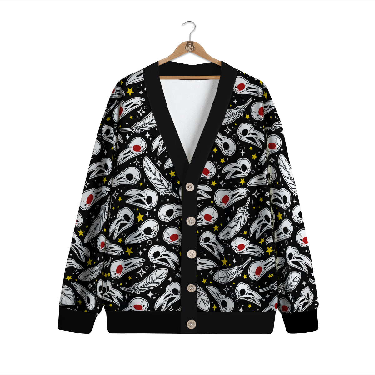 Crow Skull And Feathers Print Pattern Cardigan-grizzshop