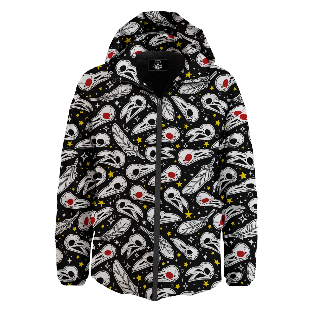 Crow Skull And Feathers Print Pattern Down Jacket-grizzshop