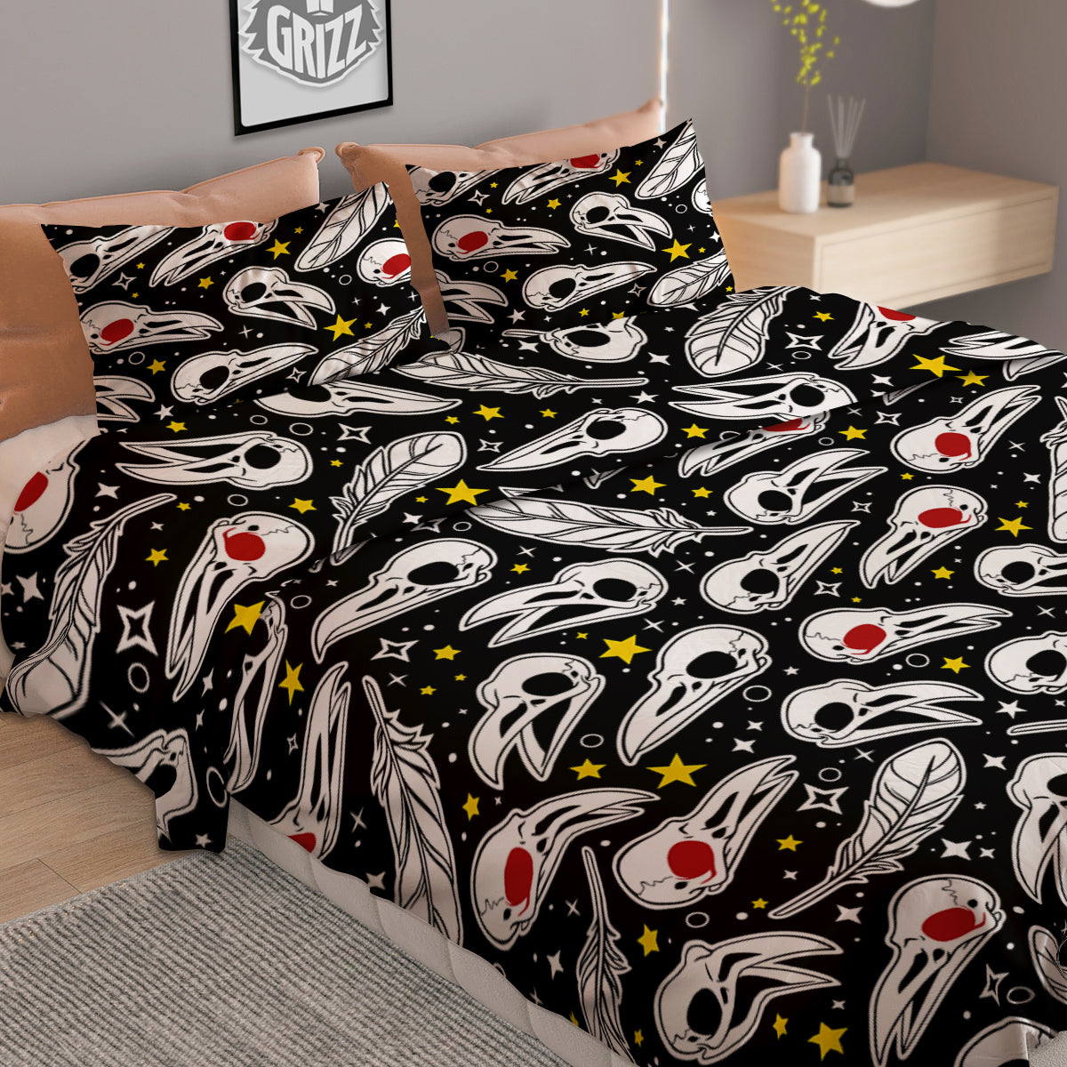 Crow Skull And Feathers Print Pattern Duvet Cover Bedding Set