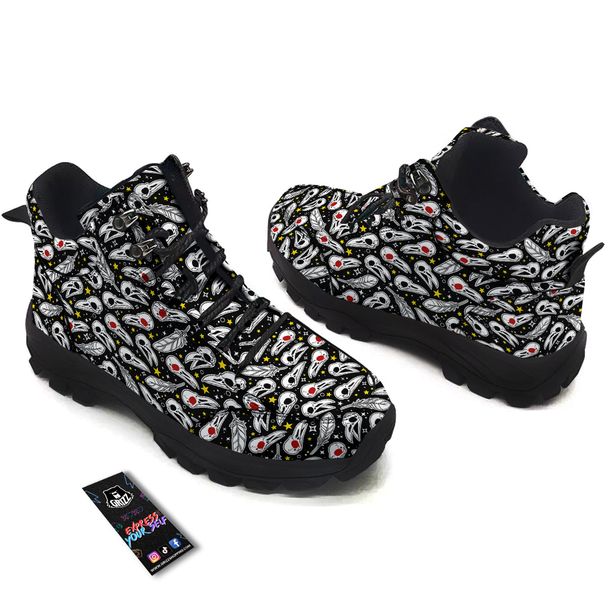 Crow Skull And Feathers Print Pattern Hiking Shoes-grizzshop